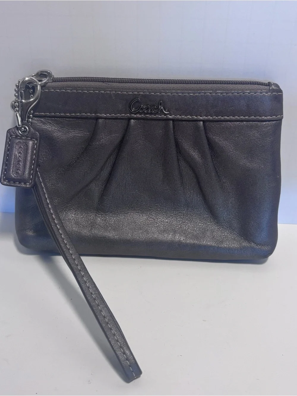 Coach Gray Metallic Leather Pleated Wristlet
